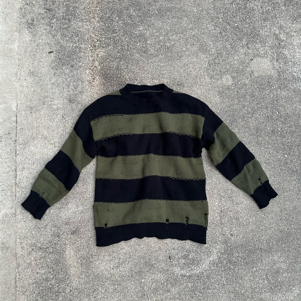 Black And Green Striped Distressed Sweater